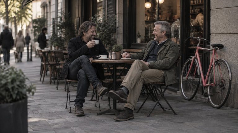 A man in his late 40s laughing with a friend over coffee outside a cafe