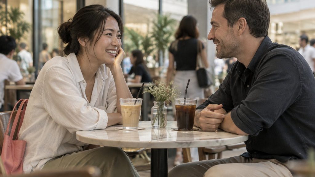 A Thai woman and a Western man talking over iced coffee at a cafe in a Bangkok shopping mall on a Saturday afternoon