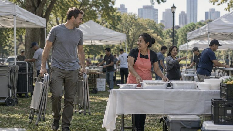 A man carrying folding chairs talks with a Filipina volunteer setting out food at a community festival before it opens