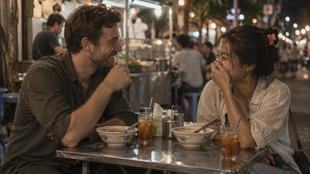 A Western man and a Thai woman laughing together over noodles at an evening street stall
