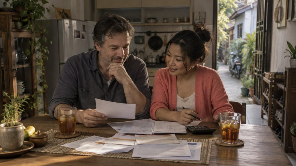 A Western man and a Thai woman at a kitchen table going over the month's household bills together
