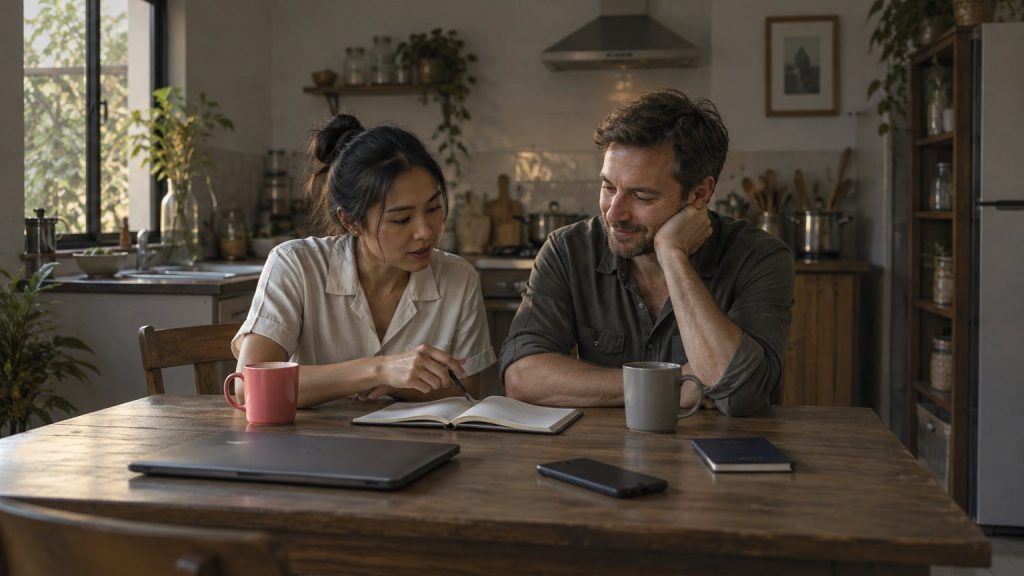 A Southeast Asian woman and a Western man at a kitchen table, looking at a notebook together while she points at a page