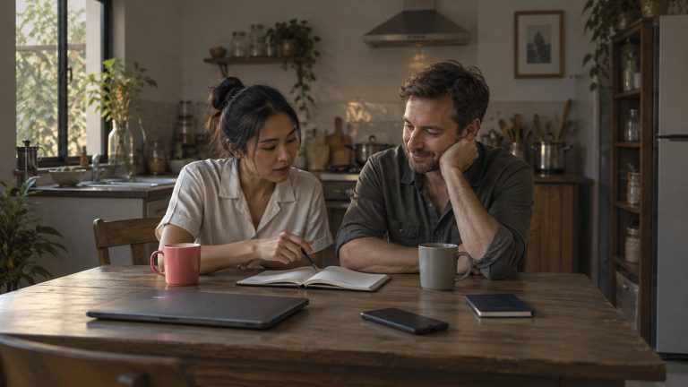 A Southeast Asian woman and a Western man at a kitchen table, looking at a notebook together while she points at a page