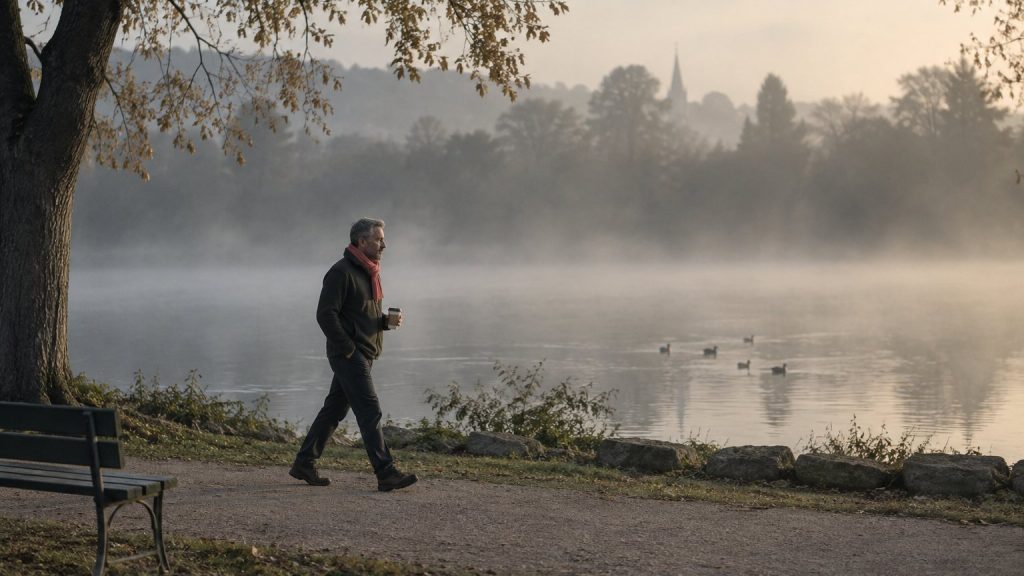 A man in his 50s walking alone by a lake in the early morning with a coffee