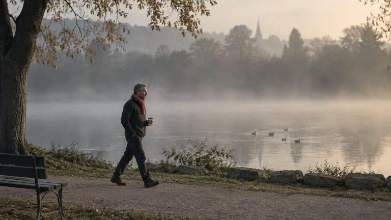 A man in his 50s walking alone by a lake in the early morning with a coffee