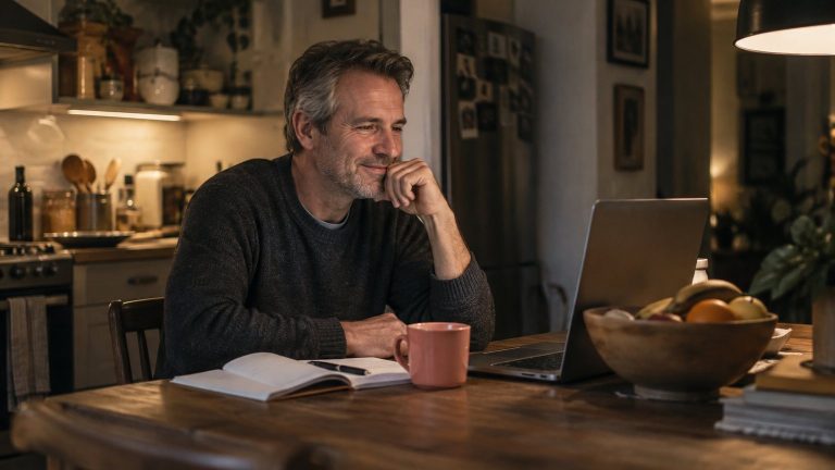 An older man at his kitchen table on a video call on his laptop