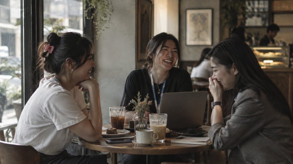 Three Thai women talking and laughing over iced coffee at a small cafe table in Bangkok