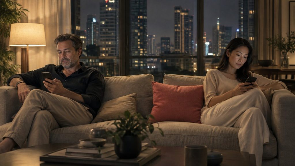 A couple sitting at opposite ends of a sofa in the evening, each on their own phone