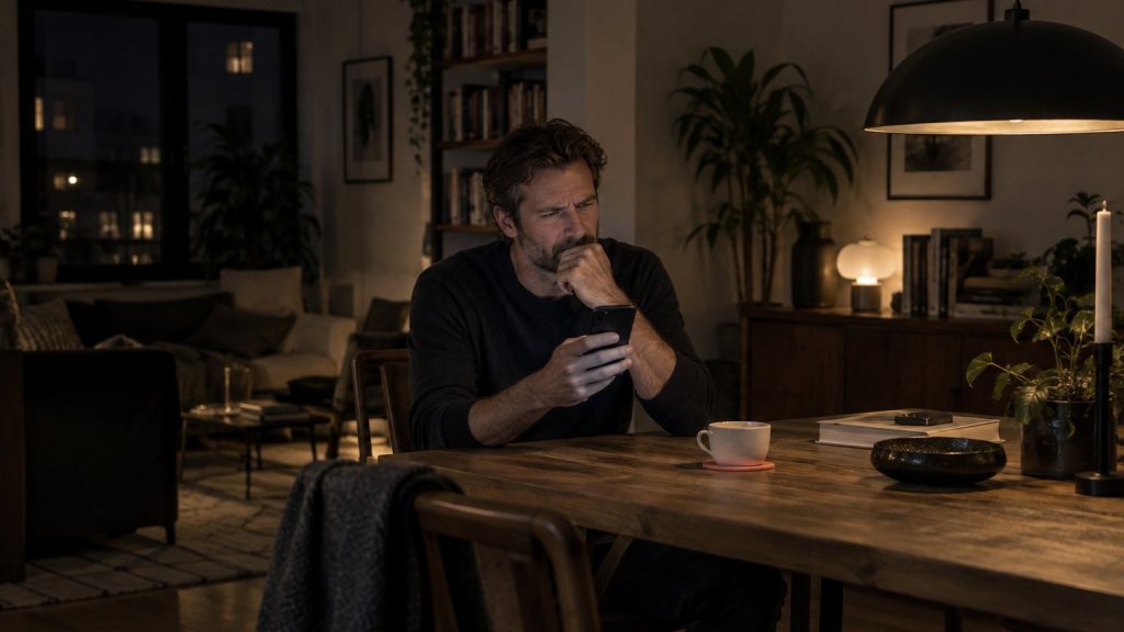 A man in his 40s at his table in the evening, looking at his phone with a puzzled expression