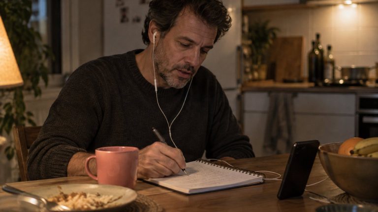 A man practising Tagalog at his kitchen table with a notebook, a phone and earphones