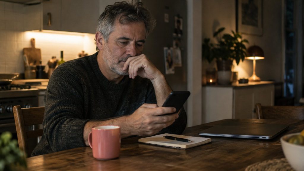 A man at his kitchen table in the evening, reading a message on his phone with a cautious look, a notepad beside him