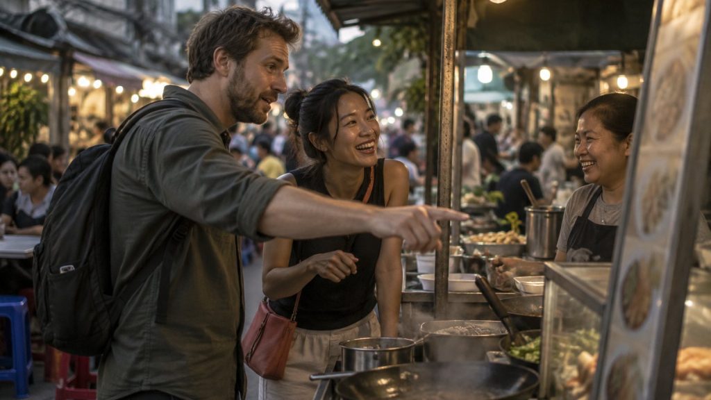 A Western man tries to order in Thai at a Bangkok street-food stall while a Thai woman laughs and helps him with the word