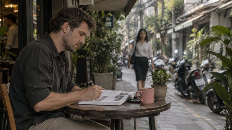 A Western man studying a language workbook at a coffee shop table on a quiet Bangkok side street in the morning