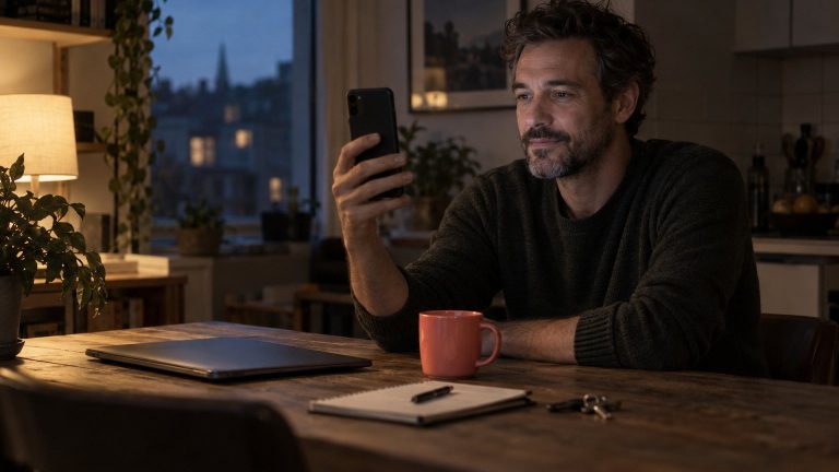 A man at his kitchen table in the evening, holding up his phone for a video call