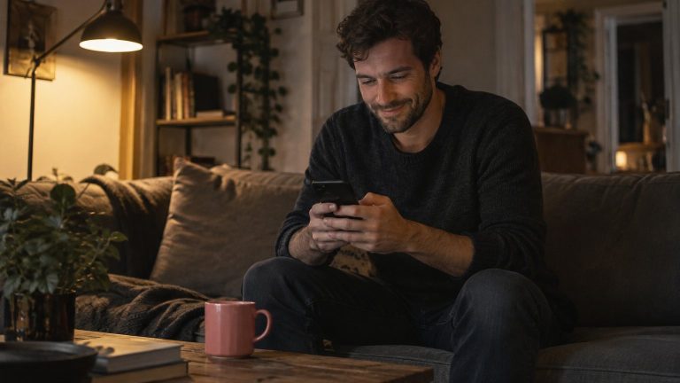 A man on a sofa at home in the evening, smiling as he types a message on his phone