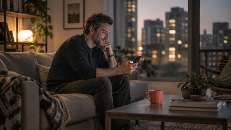A man in his late 30s on a sofa in the evening, looking at his phone and waiting for a reply