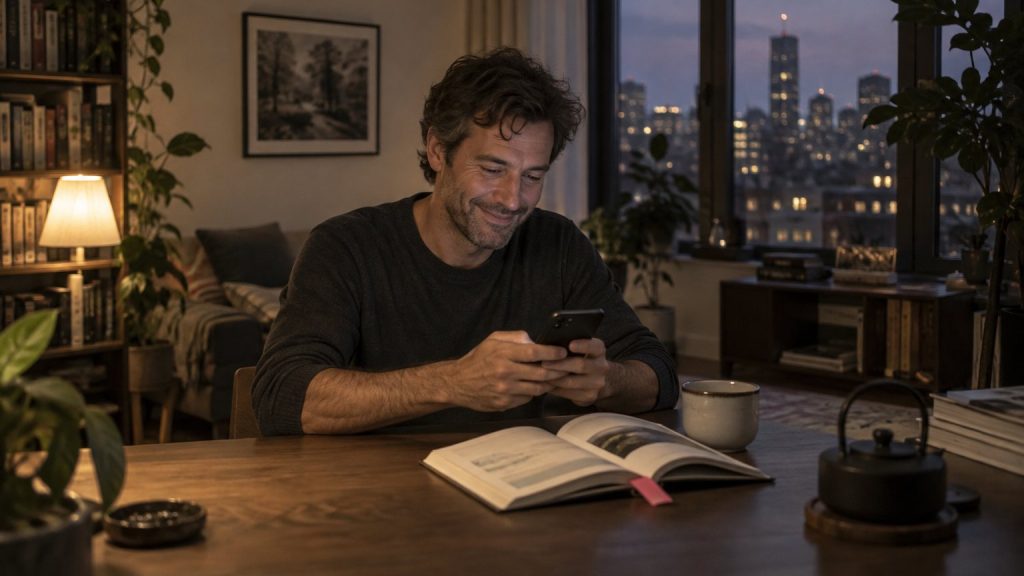A man in his 40s smiling as he types a message, a Thai phrasebook open beside him