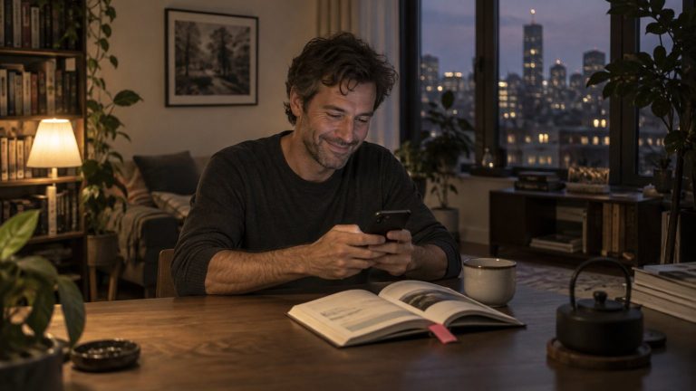 A man in his 40s smiling as he types a message, a Thai phrasebook open beside him