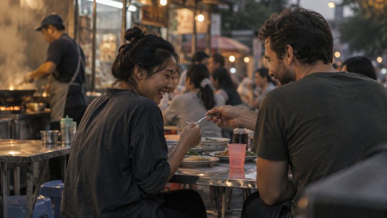 A Thai woman and a Western man sharing noodles at a street-food stall in the early evening