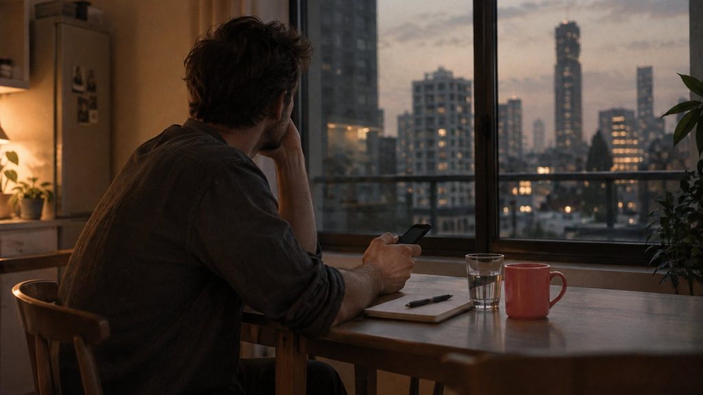 A man sits at his kitchen table in the evening with his phone in his hand, looking out of the window and thinking something over.