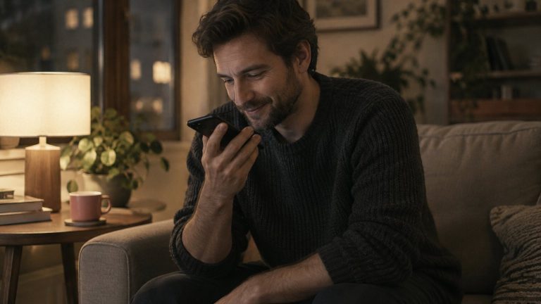 A man on a sofa in the evening recording a voice message on his phone, smiling as he practises what to say.